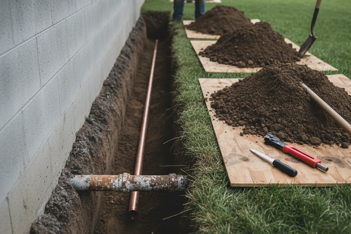 Excavated water line trench during Sewer Line Repair in Grantham